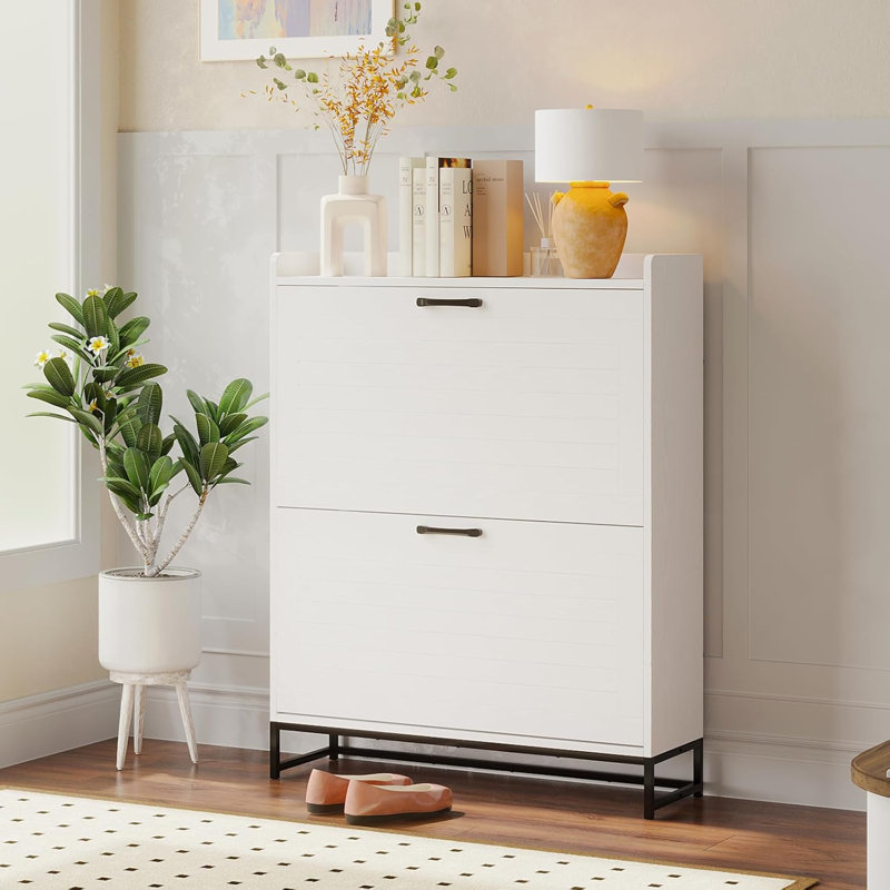 16 Pair Modern Shoe Storage Cabinet, White