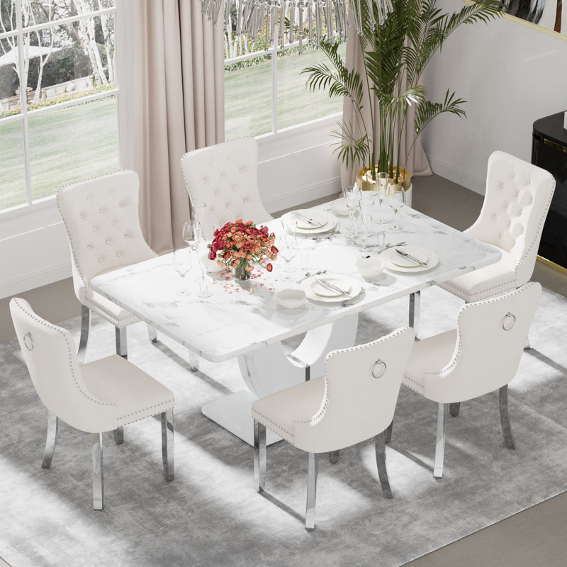 Ensemble de table de salle à manger rectangulaire, Beige, 7, Blanc / argenté