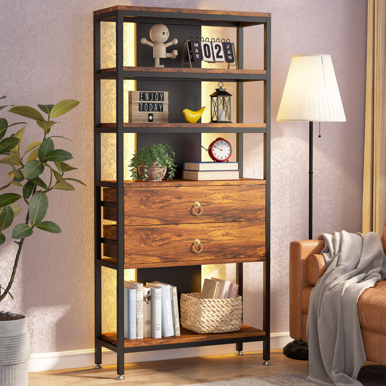 Industrial Bookshelf LED Light, 5-Tier Tall Display Case 2 Drawers, Free  Standing Open Storage Shelf