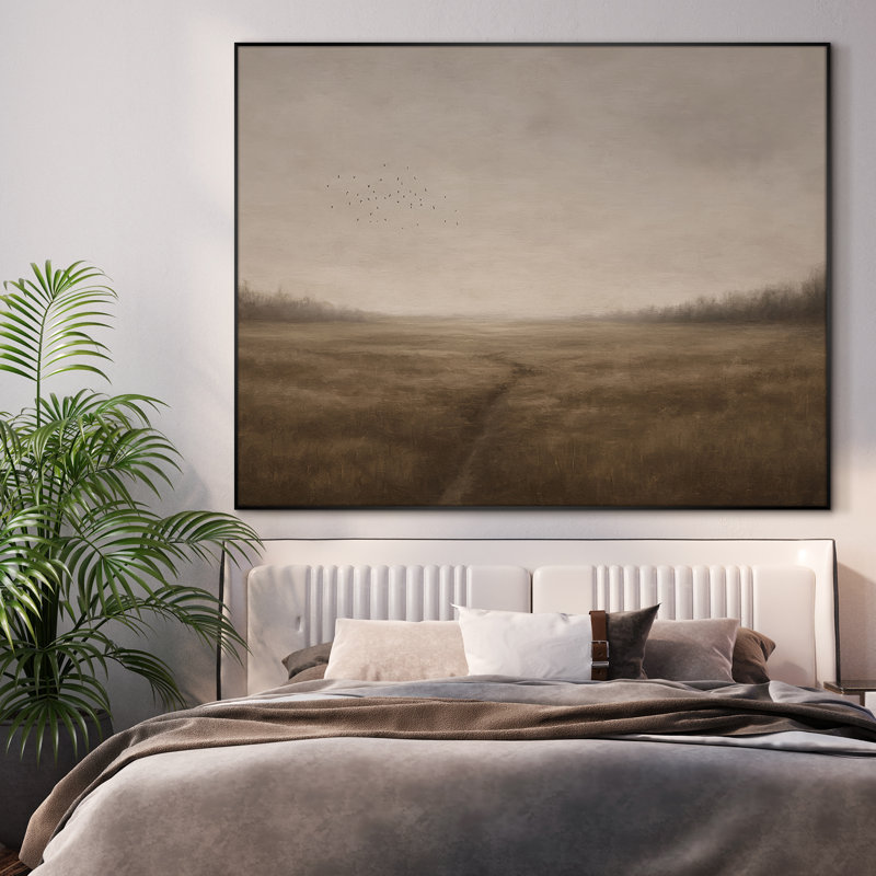 Très grand art mural imprimé sur toile - Pré brun tranquille avec une volée d'oiseaux lointains pour un salon ou une chambre à coucher - «Assemblage requis du cadre (cadre non fini)»