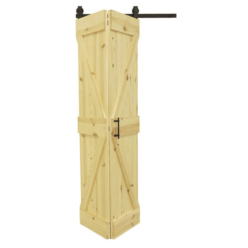 Single Bi-Folding System Solid Pine Barn Door, Unfinished Wood