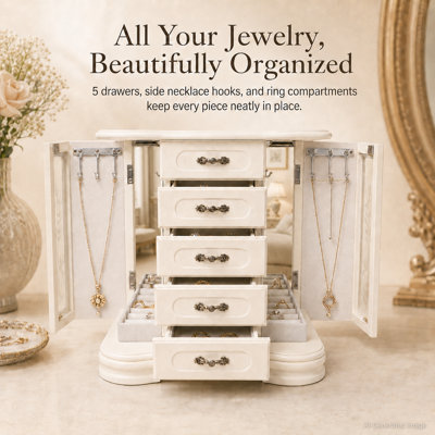 Boîtes à bijoux pour femmes, grandes boîtes à bijoux en bois à 5 couches et crochets intégrés et miroir attaché, boîte à bijoux rétro pour colliers, boucles d'oreilles et bagues