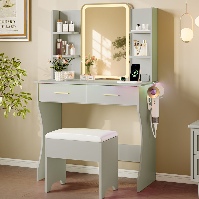 Lacorsha Makeup Vanity Set with LED Mirror ,Vanity Desk Stool with Power Outlet,2 Drawers,6 Shelves with Brightness Lighting, 1 Hair Dryer Holder