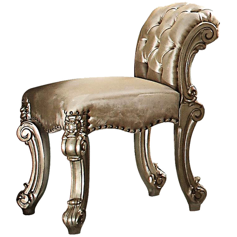 Tabouret de coiffeuse traditionnel avec assise en tissu brun, mesurant 25 po de largeur x 20 po de profondeur et 28 po de hauteur, de forme rectangulaire