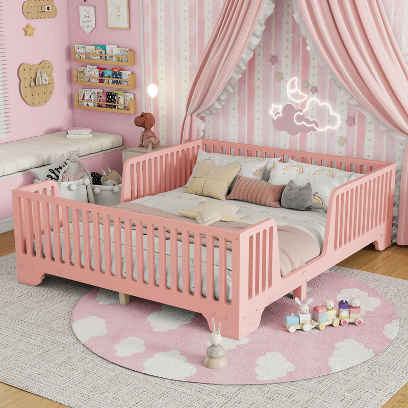 Lit double avec lattes et clôture, lit double Montessori avec porte, Rose
