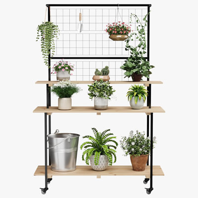 Heavy Duty 3-Tier Plant Stand with Wheels - Hanging Rod & Grid Panel Shelf for Indoor/Outdoor Use, Multi-Layer Flower Display Rack for Home, Office, Garden, Patio