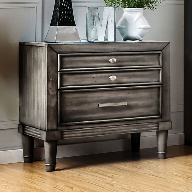 Table de chevet contemporaine en bois massif gris avec tiroir caché et conception double, poignées argentées élégantes, l 23,5 po x P 16 po H 24 po, 1 poignée de table ronde en nickel,