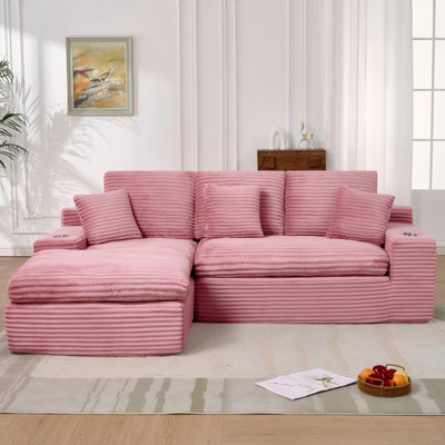 Canapé d'angle Cloud en velours côtelé de 250 cm de large avec porte-gobelets et poches latérales, aucun assemblage requis