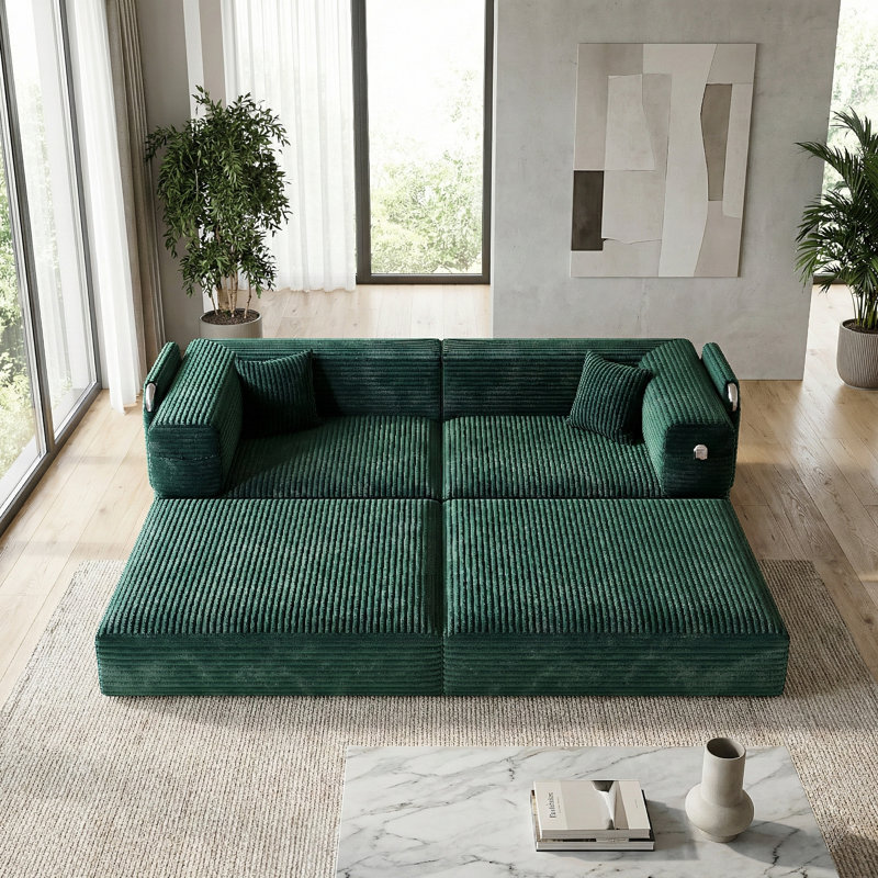 78.7" Convertible Cloud Floor Sofa – 5-in-1 Corduroy Sleeper Bed with Sturdy Steel Frame, Green