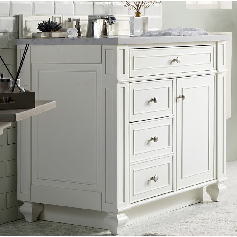 Bristol 36'' W Single Vanity, Carrara White, 8" Widespread, Whitewashed Walnut