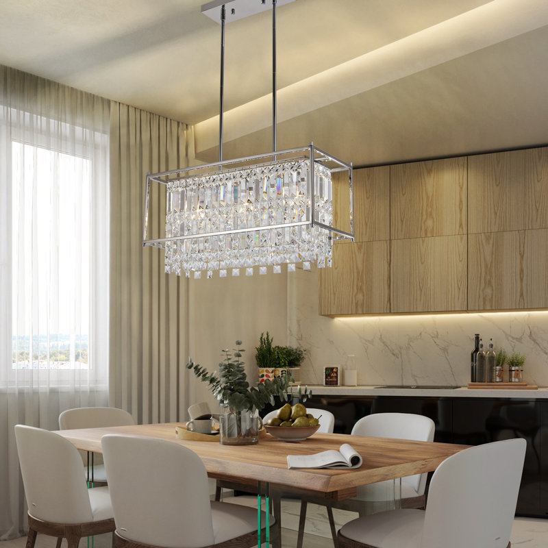 3-Lights Modern Rectangular Chrome Crystal Chandelier, 23.6 x 9.9 Inches in Diameter, Adjustable Height