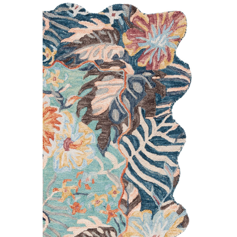 Tapis bleu marine / turquoise en laine / coton touffeté à la main Carachure 355, Rectangle 3 pi x 5 pi