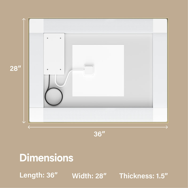 Miroir 28 po x 36 po à cadre doré, lumières à DEL doubles, éclairage avant et arrière, verre robuste de 4 mm, températures de couleur réglables, gradation du scintillement, fonction de brouillard, configuration horizontale ou verticale, énergie ultra