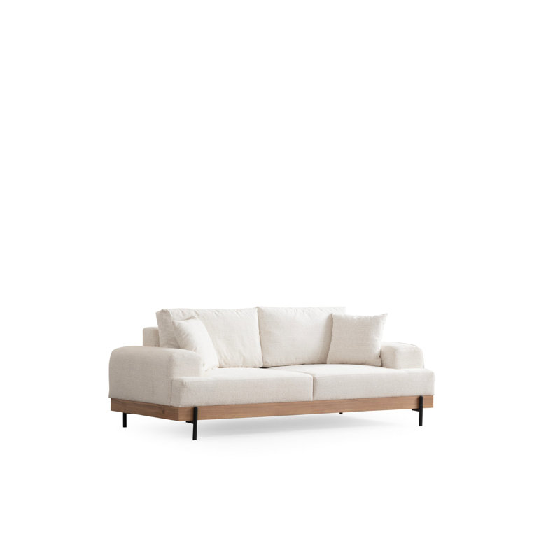 Élégant canapé 3 places, tissu blanc, 86,6 x 38,6 x 30,7 pouces | Structure en bois de hêtre et en carton, 100% polyester, nettoyage à sec | Coussins en mousse gris doux et en mousse de silicone, pieds en métal noir | Parfait pour les salons modernes