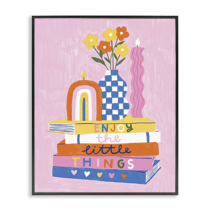 «Enjoy Little Things Bookstack», estampe numérique par Lisa Barlow, H 30 po x l 24 po, Giclée encadrée noir minuit