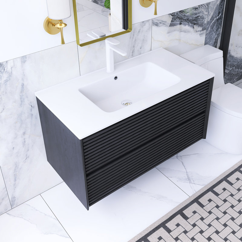 36 po W Meuble-lavabo mural simple en chêne foncé avec lavabo blanc