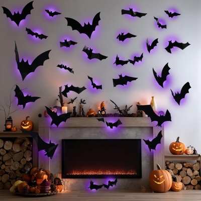  36 pièces de décorations murales de chauves-souris d'Halloween, taille variable, autocollants muraux 3D éclairés