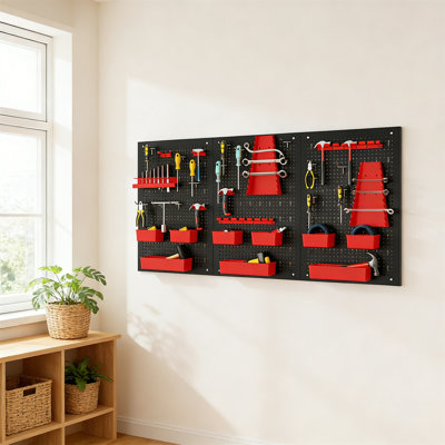 Wall Mounted Pegboard Organizer Kit – 3 Pegboards + Hanging Accessories, Garage Tool Storage Rack For DIY Workshop, Craft Room & Garage