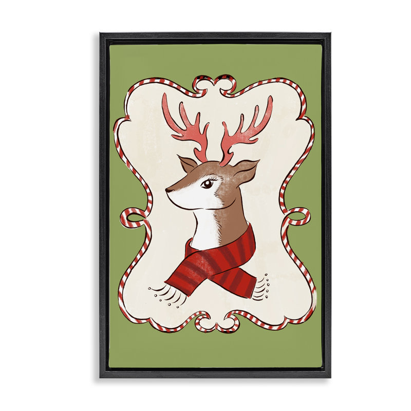 Cerf d'hiver festif dans un cadre flottant écharpe, design par Hannah Moren, H 25 po x l 17 po, Cadre flottant noir de jais