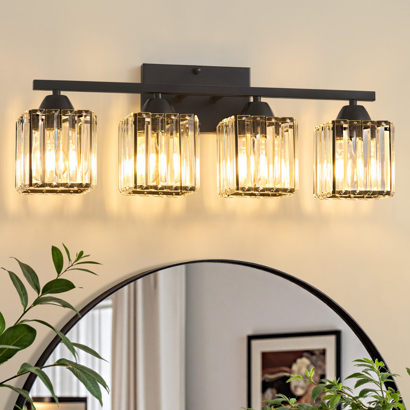 Monike 3-light Dimmable Vanity Light With Glass Crystal Shade, Matte Black, 4 Lights