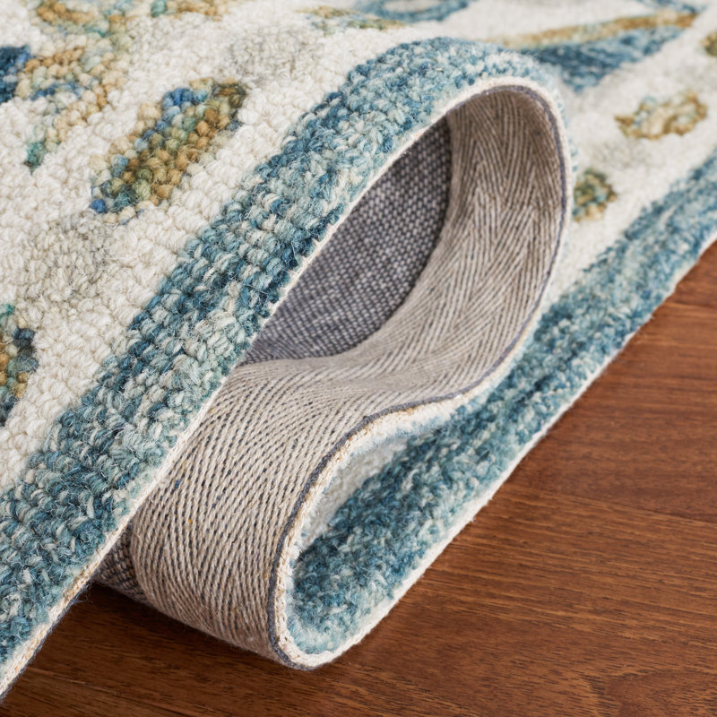 Ivory and Blue Hand Tufted Wool Rectangular Rug