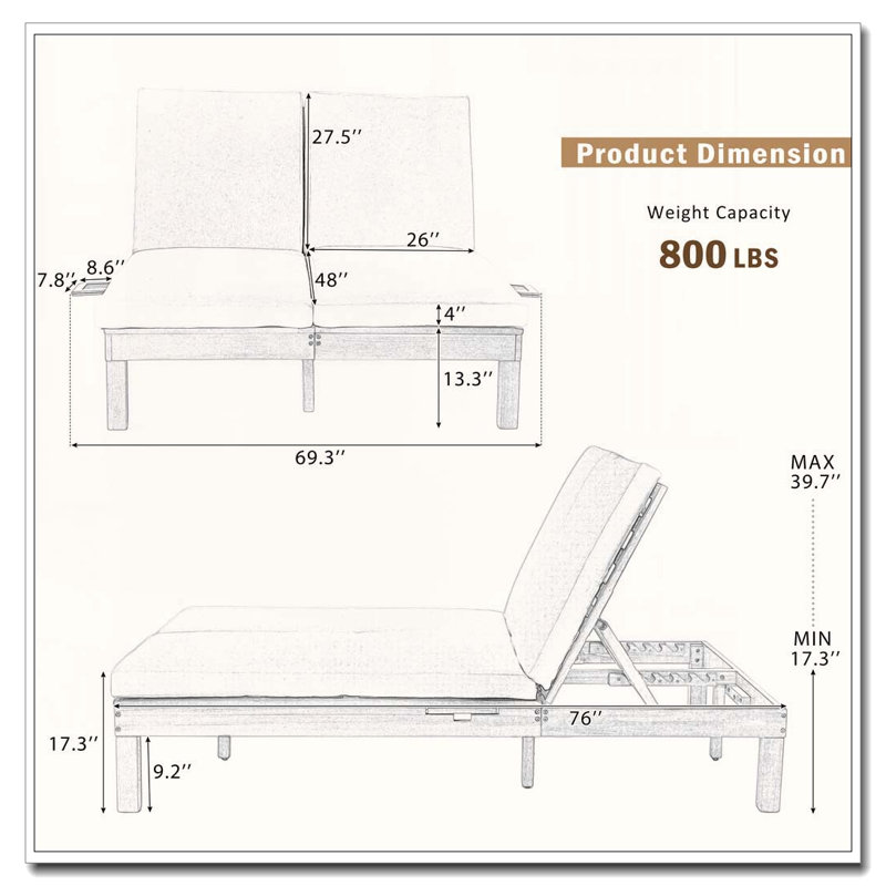 Chaise longue double pour deux avec dossier réglable à 5 positions et tables d'appoint intégrées, Gris