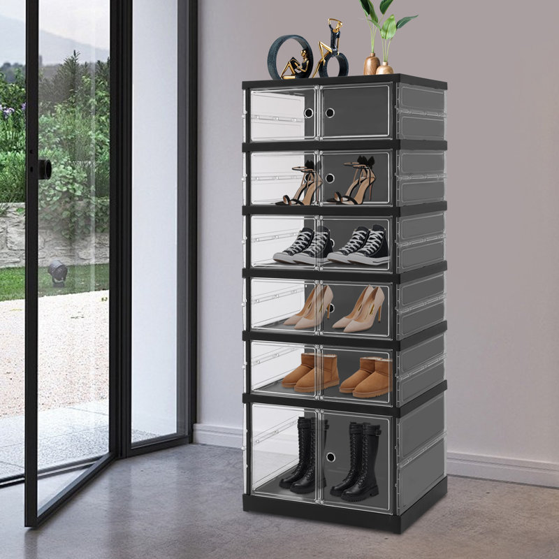 Foldable Rectangular Freestanding Shoe Cabinet With Wheels, Black