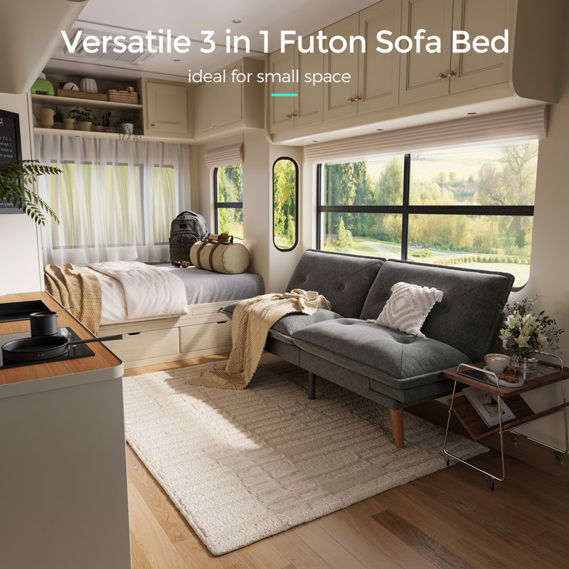 Serta 66'' Upholstered Tufted Convertible Futon Sofa Bed, Mellow Gray Chenille
