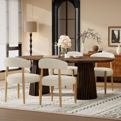 Ensemble de salle à manger extensible en bois avec 4 à 6 chaises rembourrées en tissu bouclé, table ovale ou ronde convertible