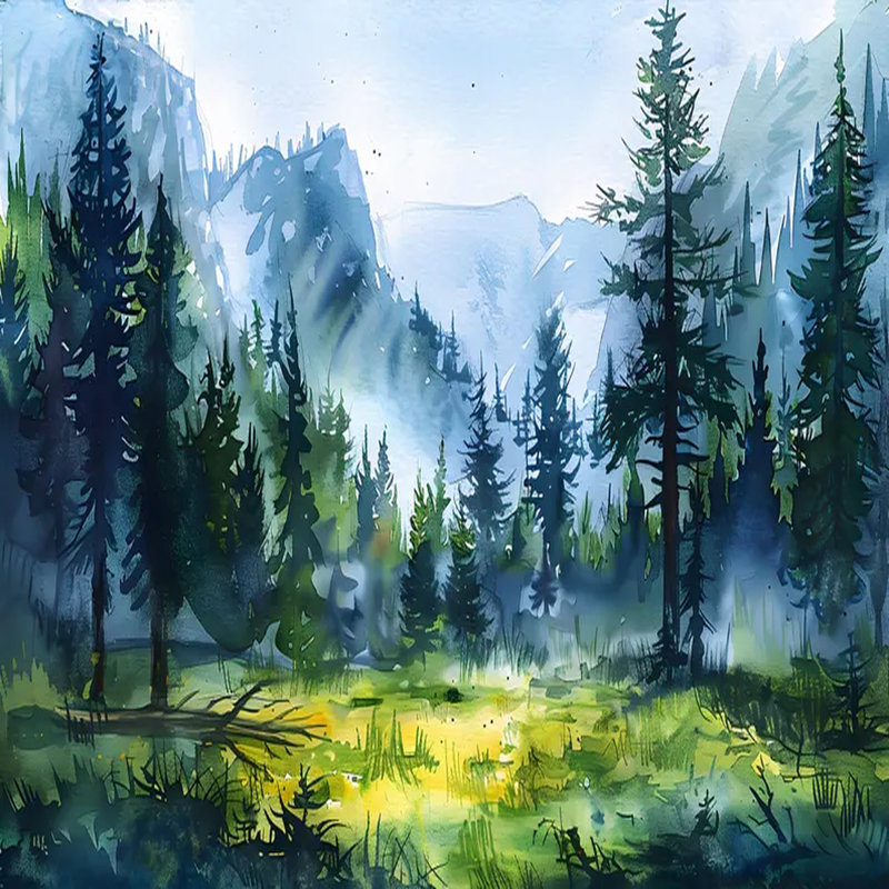 Murale aquarelle Misty Evergreen Forest, L 108 po x l 96 po