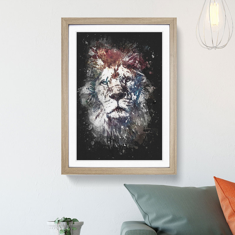 Lion Abstract Paint Splash - Picture Frame Graphic Art, 87cm H x 62cm W x 2cm D, Oak Framed
