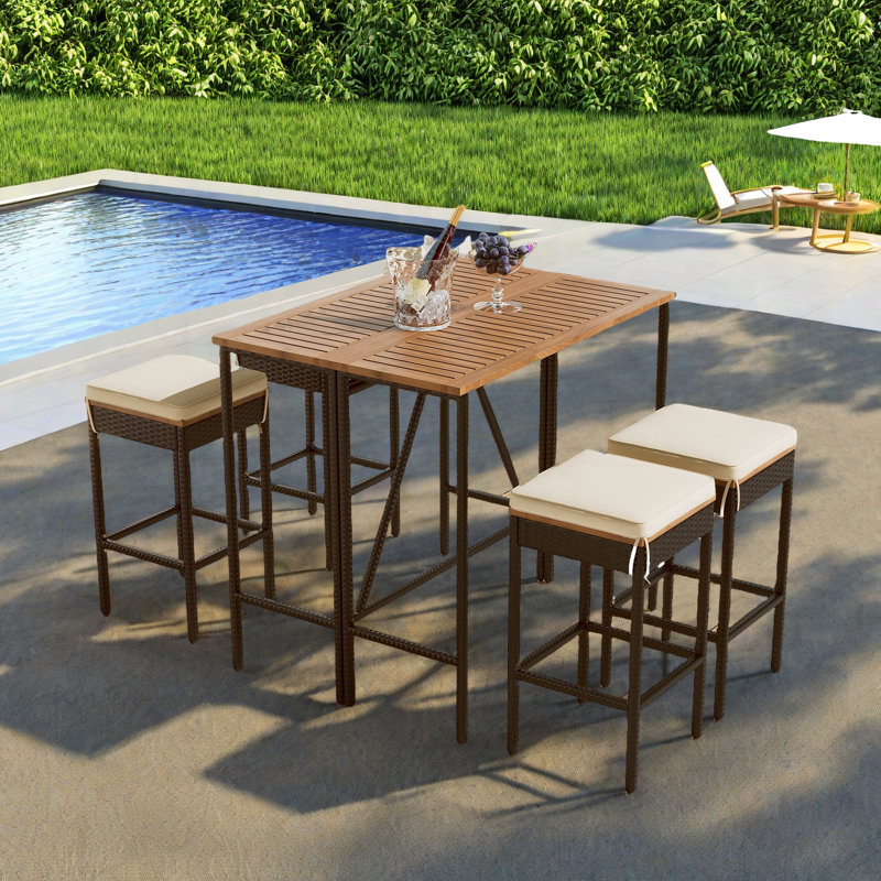 5-piece Outdoor Dining Table Sets Included 1 Foldable Table And Four Stools With Cushions