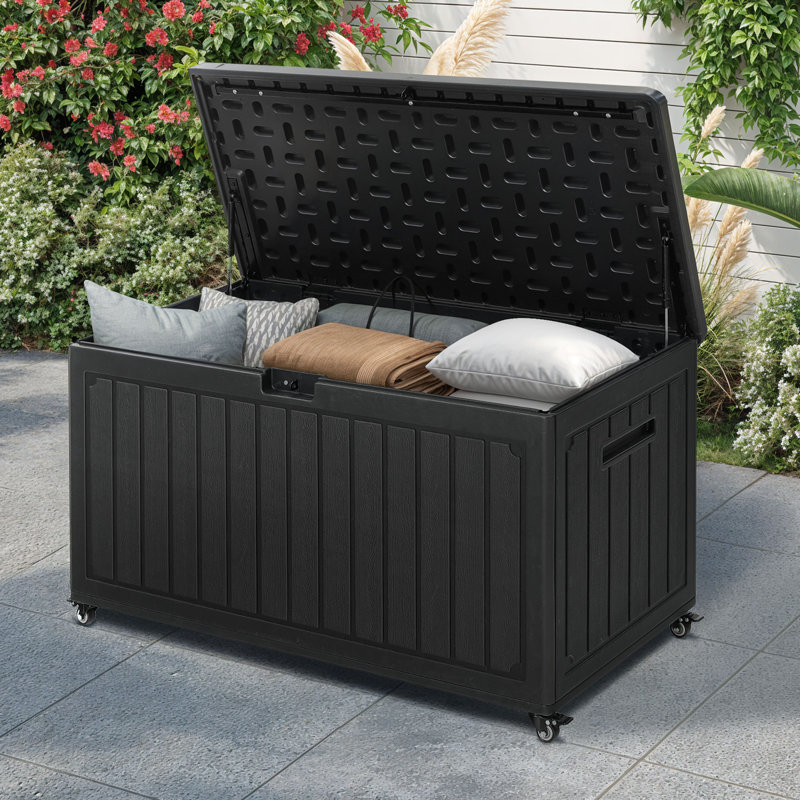 Boîte de rangement en résine noire 90 gallons avec six roulettes, couvercle verrouillable et double paroi