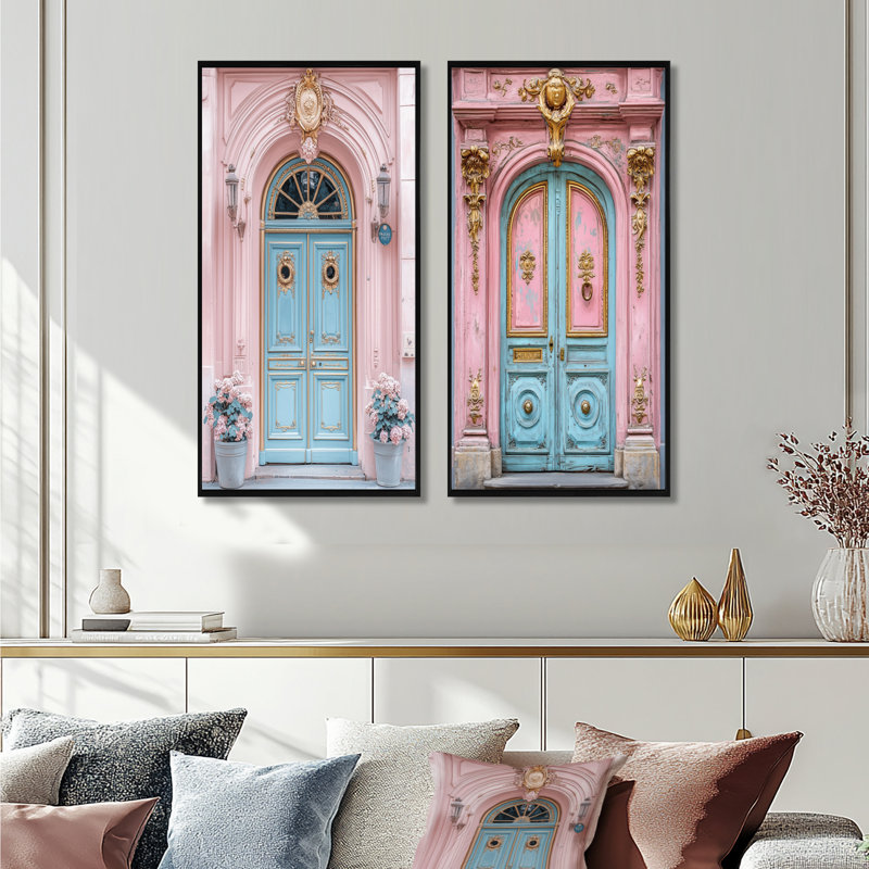 «Pink Parisian Whimsy Door Photo I - City Paris Wall Art», ensemble de 2 pièces, H 40 po x l 40 po, Cadre flottant noir
