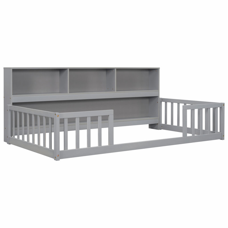 Lit sur pied avec bibliothèque de chevet, tablettes et garde-corps, Gris, Lit simple