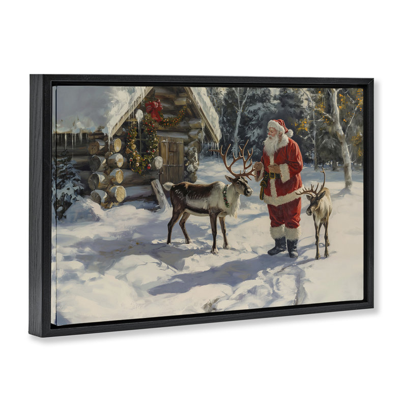 Toile de père Noël et renne par Imagine It Images, Cadre flottant noir de jais, H 21 po x l 31 po