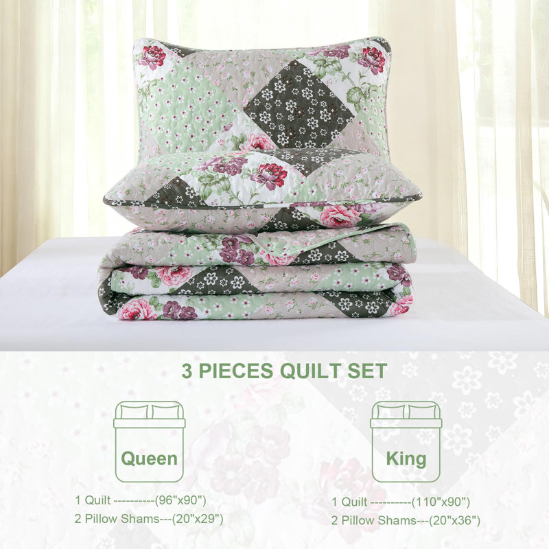 Ensemble de courtepointe réversible à motif floral 3 pièces 3 pièces, Courtepointe très grand et 2 très grandes taies , Vert