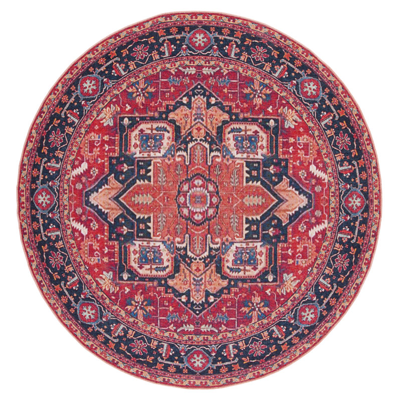 Abbeigh Oriental Cotton Red/Blue Area Rug, Round 6'7"