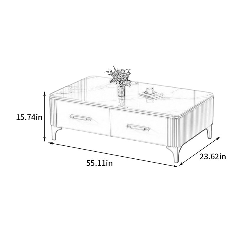 Table basse de luxe Italian Light, H 15,74 po x L 55,11 po x l 23,62 po, Doré, Blanc/Noir