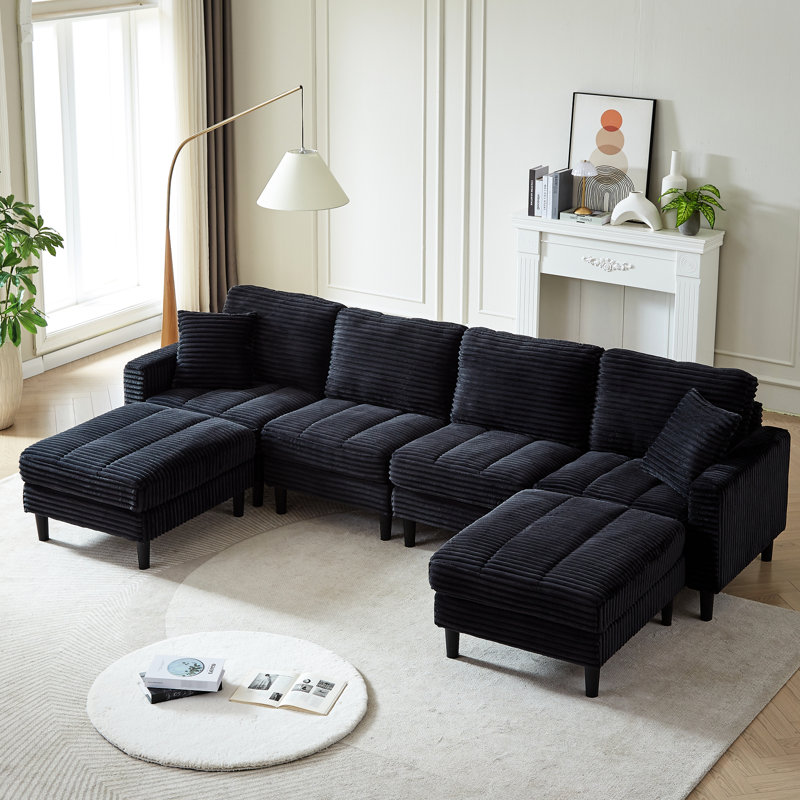 Canapé modulaire en velours côtelé noir de style salon de 122,5 po avec 2 repose-pieds, coussins et pieds en plastique pour un look élégant