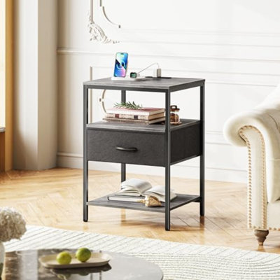 Table de chevet avec station de chargement, table de chevet haute de 27,7 pouces avec tiroir en tissu réglable, table de chevet, commode à tiroirs en tissu pour chambre à coucher, salon, gris anthracite et noir