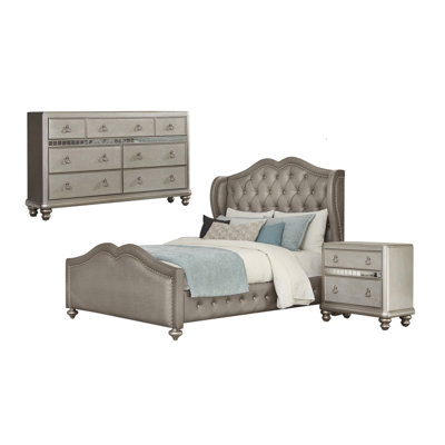Mirai Metallic 3-Piece Upholstered Bedroom Set with Dresser
