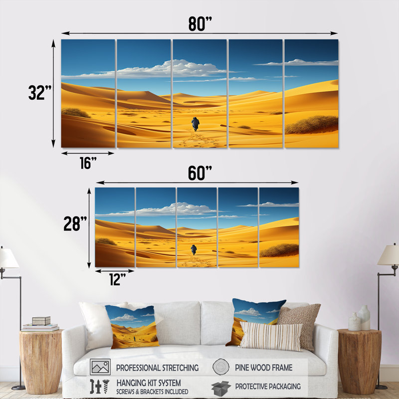 «Walking In The Yellow Azure Desert - Space Landscape», ensemble de 5 pièces d'art mural, H 28 po x l 60 po