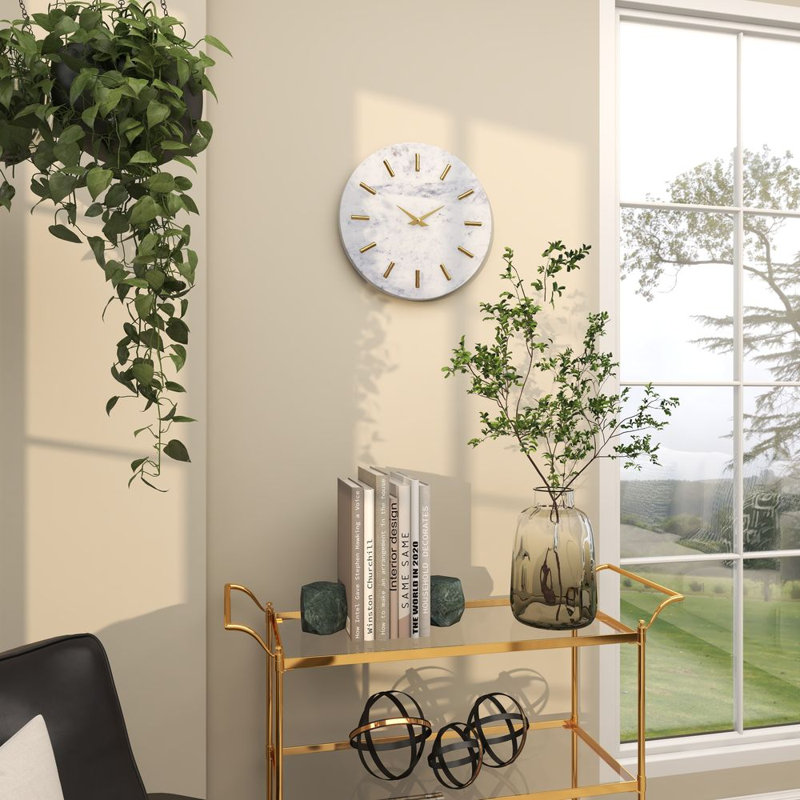 Marble Decorative Wall Clock with Gold Metal Accents