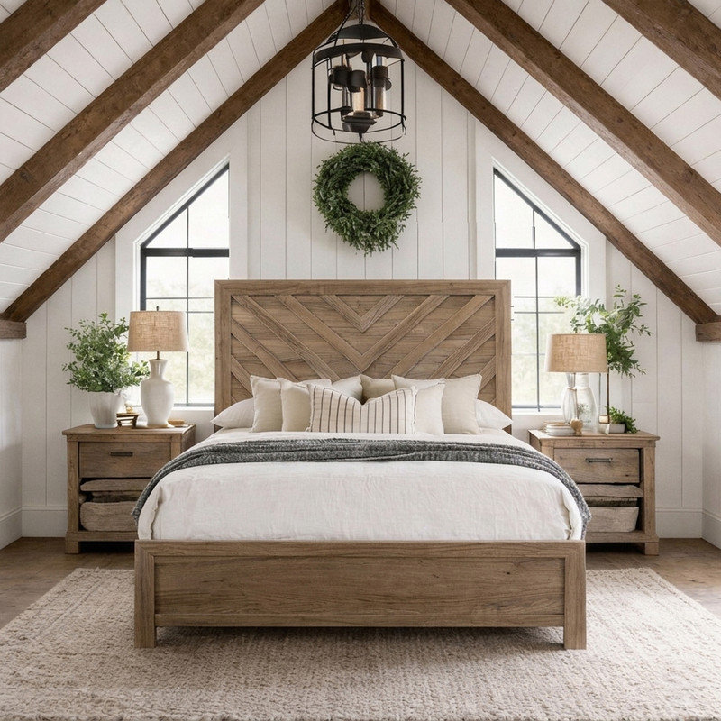 Base de lit plateforme en bois à chevrons avec tête de lit texturée et finition naturelle chaleureuse, Lit double