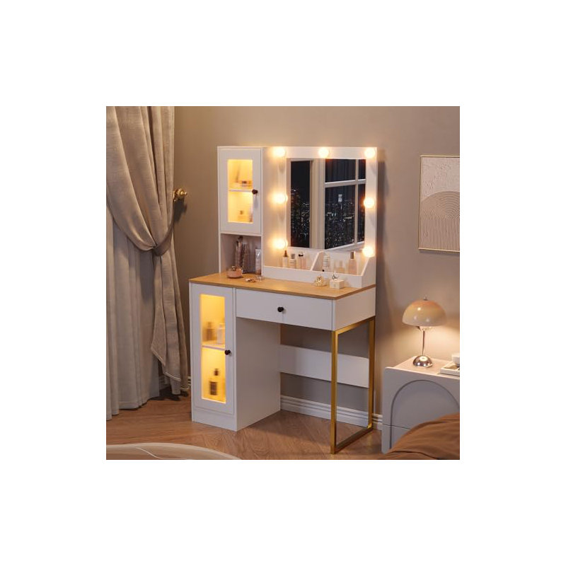Makeup Vanity Desk with Mirror & Adjustable LED Lights, Modern Vanity Table with Open Shelves & Acrylic-Door Cabinets