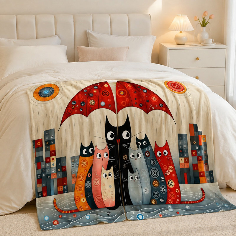 Mignon chat famille sous un parapluie, jeté en peluche Cozy Art Design, Throw(W40"×50L")