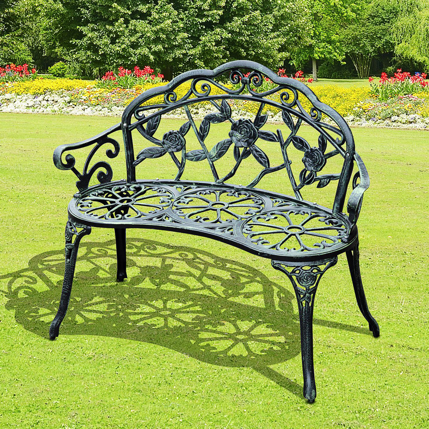 Astoria Grand Outdoor Bench, Cast Outdoor Metal Bench With Floral Rose ...