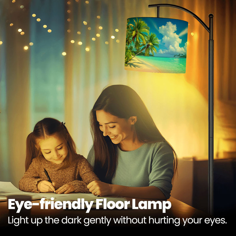 Lampe sur pied à arc avec abat-jour réglable plage tropicale palmiers turquoise eau côtière paysage debout lampe 3 températures de couleur à intensité variable haute lampe sur pied avec interrupteur au pied pour la chambre à coucher