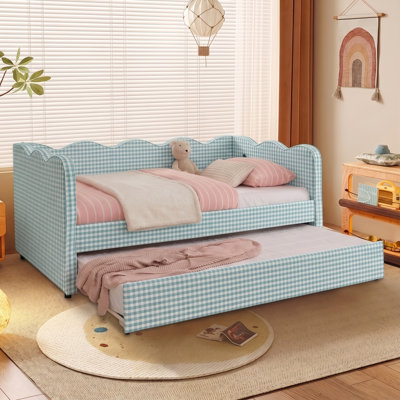 Lit de jour simple rembourré avec lit gigogne escamotable, ports de charge USB et Type-C, structure de canapé en tissu vichy avec support en lattes de bois pour la chambre à coucher, la chambre d'amis et le salon